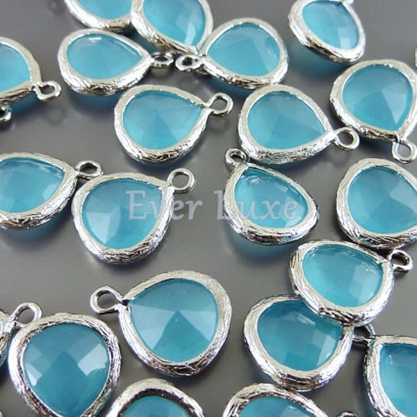 2 ocean blue 10mm glass pendants with silver textured bezel frame, glass jewelry 5064R-OB-10