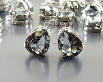 2 gray / grey faceted teardrop glass charms in rhodium silver plated brass setting, wedding accessories P5067R-GR