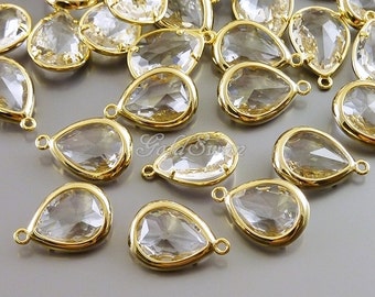 2 clear crystal glass gold bezel charms, jewelry supplies. wedding / bridal jewelry supplies 5117G-CL