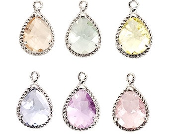 Set of 6 assorted spring color glass stone pendants with silver rope rim and rhodium frame Sampler lot #20, 5054R-20