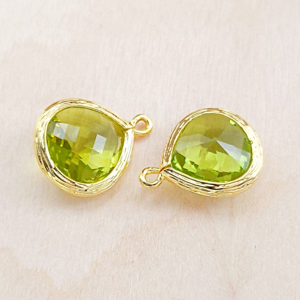 2 pcs Apple Green 13mm glass pendants, teardrops with bright 16K Gold bezel frame glass charms 5064G-AG-13