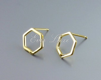 4 pcs / 2 pairs SHINY gold plated geometric hexagon earrings, honeycomb stud earrings, geometric shape post earrings 1074-BG-10