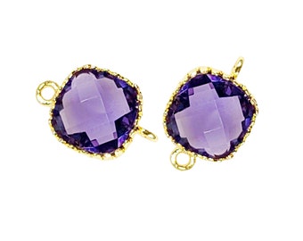 2 pcs Amethyst purple square shape faceted glass connectors with 18k gold frame C5155G-AM