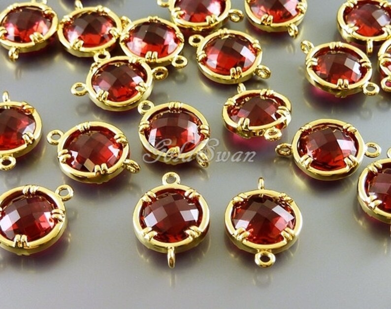 2 ruby pink red 10mm faceted round glass connectors, bridal / wedding jewelry supplies, beads 5014G-RU-10 image 1