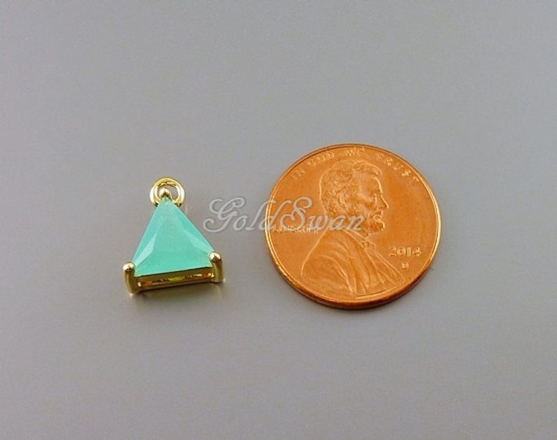 stone charm 15/% SALE 2 mint turquoise color small triangle glass charms in gold setting charmed necklace P5138G-MI