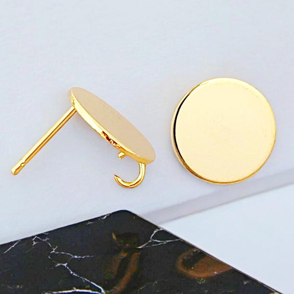 14K Gold Plated Flat Disc Earrings: 12mm Circle Studs