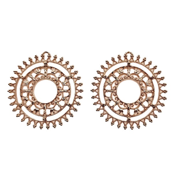 2 Large unique  round spiky filigree pendants, jewelry pendants, bright rose gold brass, jewelry making supplies 1219-BRG