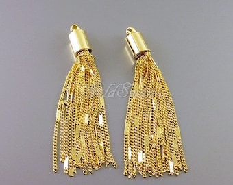 2 Stk 50 mm Konfetti Kette Quasten, Unikat Kette Quasten Anhänger, Quasten Schmuck Anhänger, Quaste in glossy gold 1996-BG-50