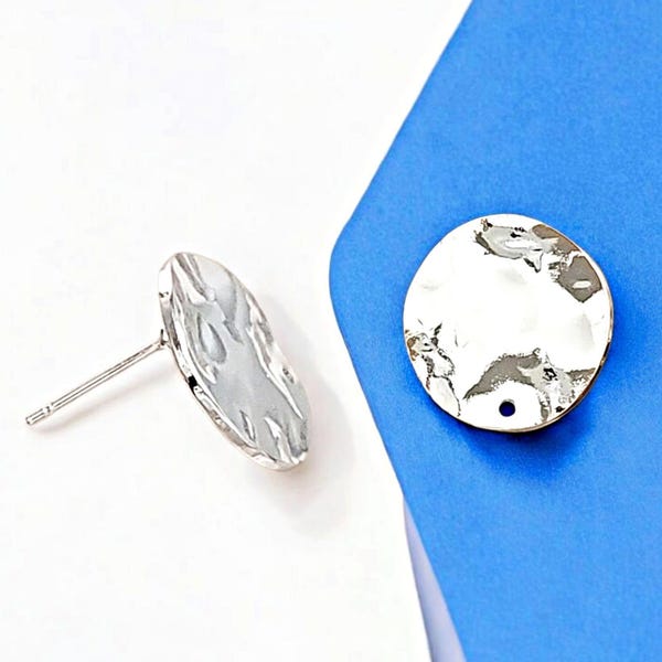 Shiny Silver Hammered Disc Stud Earrings: 15mm Brass Findings (2 Pairs)