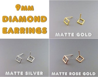 choose color 4 pcs / 2 pairs tiny 9mm square / diamond stud earrings, geometric square earrings 2030 (matte, 9mm)