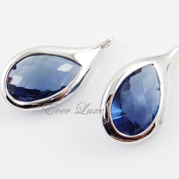 2 pcs- (5050R-BS) Blue Sapphire faceted glass teardrop in bright rhodium plated rim setting pendants