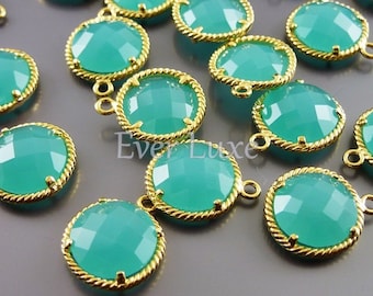 2 mint green round glass with rope rim pendants, colorful stone charms / jewelry making supplies 5128G-MT