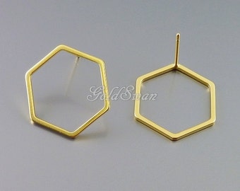 Hexagon Stud Earrings: Gold Plated Brass Minimalist Jewelry (2 Pairs)