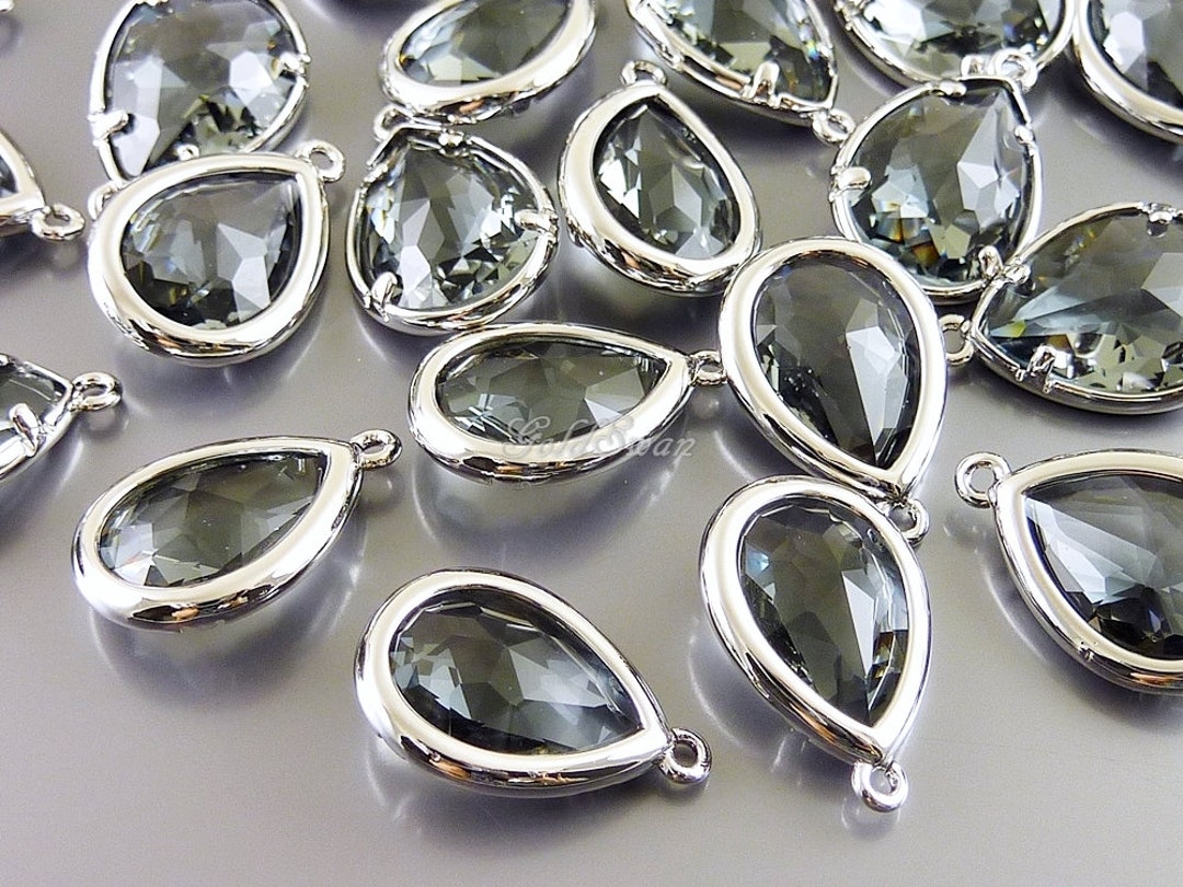 2 Jewellery Making Glass Beads supplies Elegant Silver Bezel Gray Teardrop Pendant 5117RGR Etsy