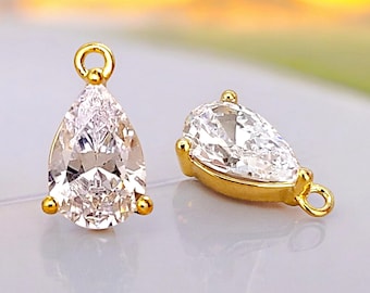 14K Gold Teardrop CZ Crystal Charms: Bridesmaid Jewelry (2 pcs)