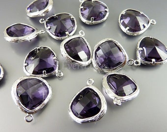 2 Amethyst purple glass stone in textured silver bezel setting, birthstone pendants for jewelry 5058R-AM