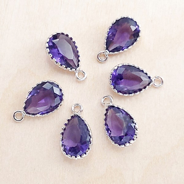 2 pcs amethyst purple 12mm teardrop glass stone in rhodium silver plated setting, purple crystal charms 5049R-AM-12