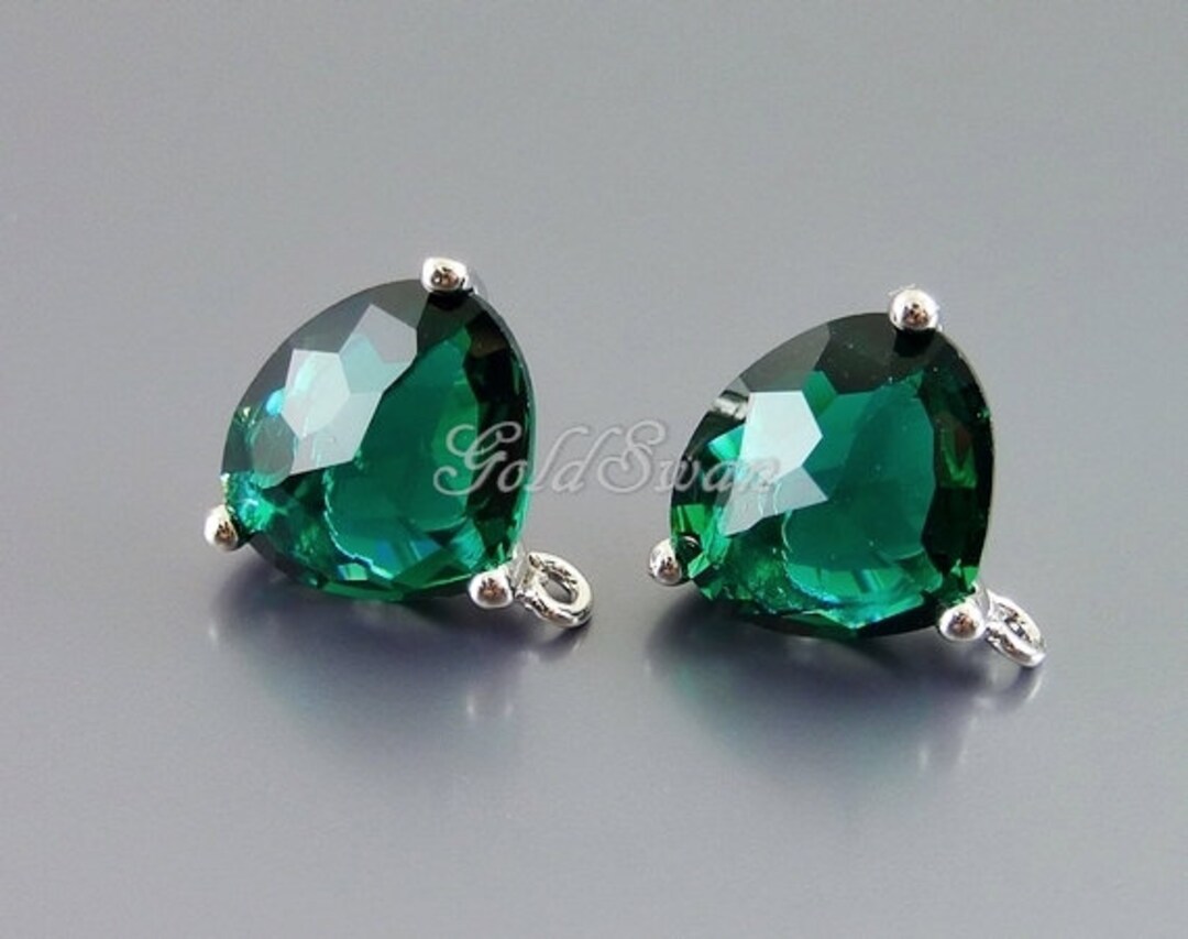 2 Pieces / 1 Pair May Birthstone Color Emerald Glass Earrings in Silver Setting With Loop ...