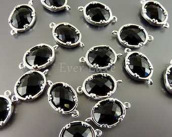 Eslabones de bisel de cristal facetado negro: conectores de joyería chapados en rodio (2 piezas)
