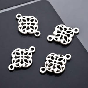 4 shiny rhodium silver small filigree connectors, filigree charms, filigree jewelry pendants 1863-BR