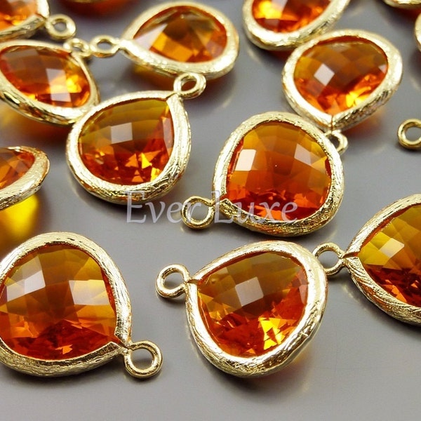 2 amber orange 13mm glass pendants, teardrops with bezel frame, glass charms, diy jewelry 5064G-AB-13 (bright gold, amber, 13mm, 2 pieces)
