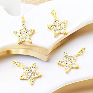 4pcs/40pcs BULK sale Wholesale discount very tiny 6mm zircon CZ star charms, Cubic Zirconia star charms gold star necklace charm 2089-BG