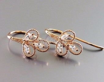 2 pcs / 1 pair shiny rose gold leaf sprout hook earrings, CZ hook flower earrings 1725-BRG