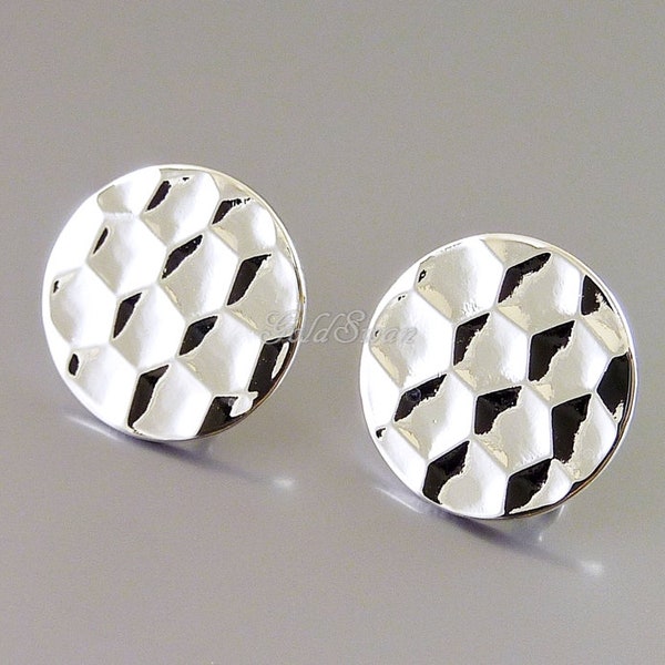 Honeycomb Disc Earrings: Rhodium Plated Brass, 15mm (2 Pairs)