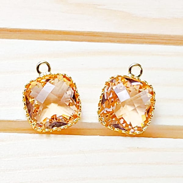 2 pcs 10mm Champagne peach square shaped glass pendants with 14K gold frames for DIY jewelry making necklaces, earrings P5166G-CH