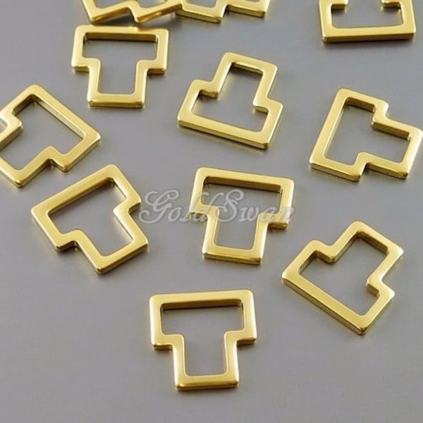 4 abstract T-shape puzzle piece charms, matte gold plated over brass, unique geometric design 2032-MG