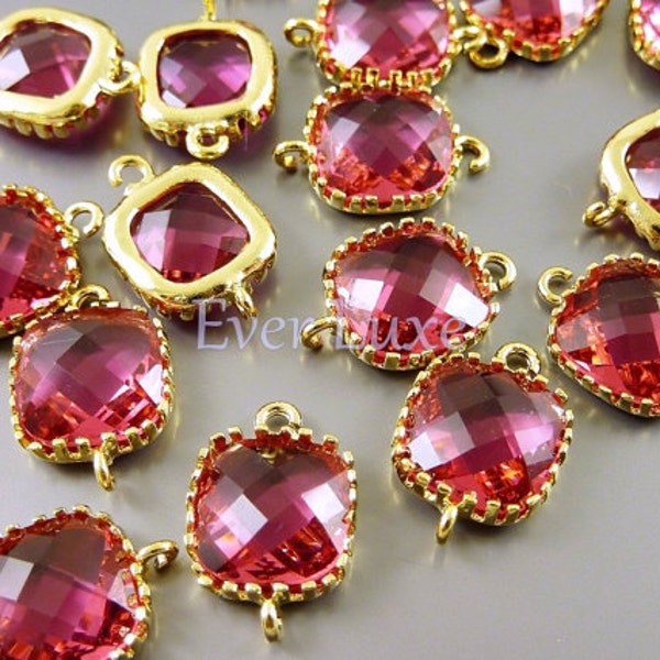 2 ruby pink red faceted square glass connectors, glass beads stones, jewelry, craft supplies 5055G-RU