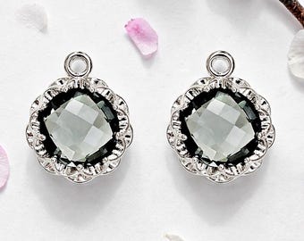 10mm Large Gray Glass Pendant Round Charm Gold Rhodium BULK
