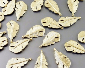 2 pcs SMALL bird's feather charms, matte gold brass, necklace pendants / jewelry pendants 1535-MG