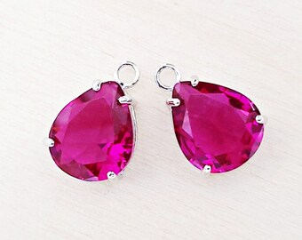 2 pcs Beautiful Fuchsia Redfaceted teardrop glass crystal charms, pendants, wedding / bridal earrings, bridesmaids jewelry P506R-FU