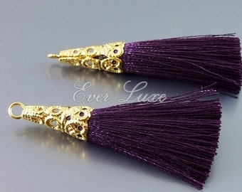 2 dark purple / violet color tassels, cotton tassel pendants with gold metal cap, fringe tassels, tassles 1553G-PU