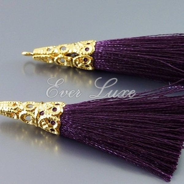 2 dark purple / violet color tassels, cotton tassel pendants with gold metal cap, fringe tassels, tassles 1553G-PU