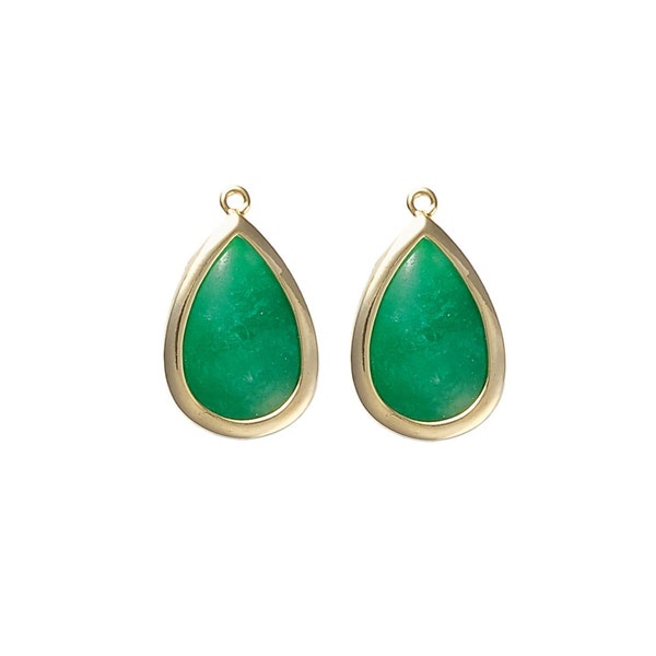 2 Large bright gold bezel set briolette, synthetic green agate semi precious stones, pendants, 5121BG-GA