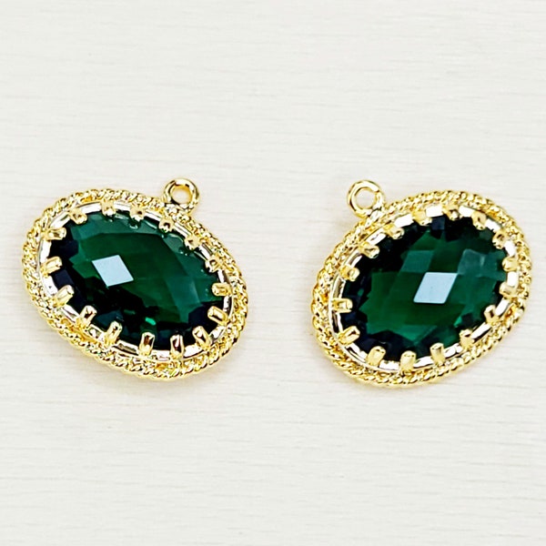 2 Victorian style emerald green glass stone charms, oval glass pendants, gold findings for jewelry 5094G-EM