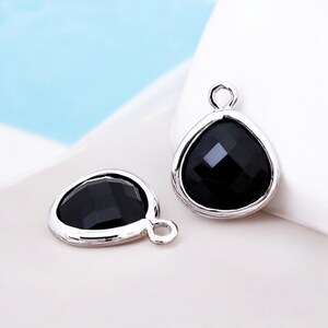 Black Teardrop Glass Pendants: Rhodium Bezel Charms (2pcs/10pcs)