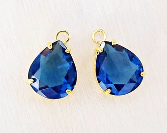 2 pcs Beautiful Blue Sapphire faceted teardrop glass crystal charms, pendants, wedding / bridal earrings, bridesmaids jewelry P506G-BS