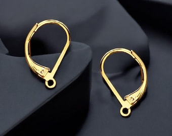 Gold Plated Brass Lever Back Earrings: 15mm Earring Components (10 Pieces)