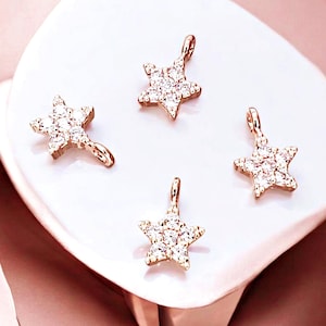 Rose Gold Star Charms: Cubic Zirconia Pave, 6mm (4 pcs)