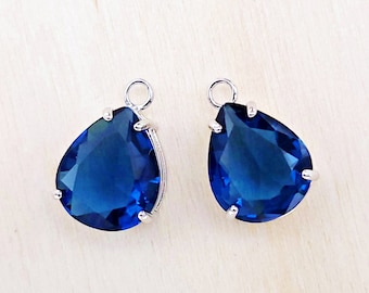 2 pcs Beautiful Blue Sapphire faceted teardrop glass crystal charms, pendants, wedding / bridal earrings, bridesmaids jewelry P506R-BS