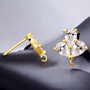 2 pcs / 1 pair 14K gold 3-leaf sprout CZ stone earrings, leaf Cubic Zirconia earrings, crystal earrings E2150-BG
