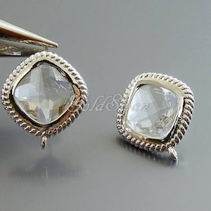 Diamond Glass Stud Earrings: Rhodium Plated Brass, Wedding Jewelry (1 Pair)