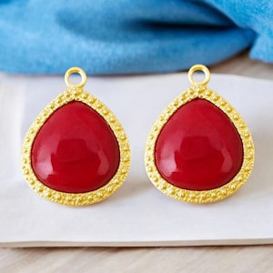 Ruby Jade Teardrop Charms: Matte Gold Pendants, Jewelry Findings (2pcs)