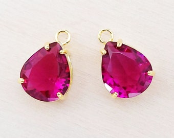 2 pcs Beautiful Fuchsia faceted teardrop glass crystal charms, pendants, wedding / bridal earrings, bridesmaids jewelry P506G-FU