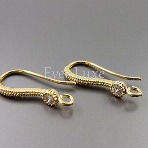 4 pcs / 2 pairs textured hook ear wires with CZ cubic zirconia accent, gold earrings components 1818-BG image 2