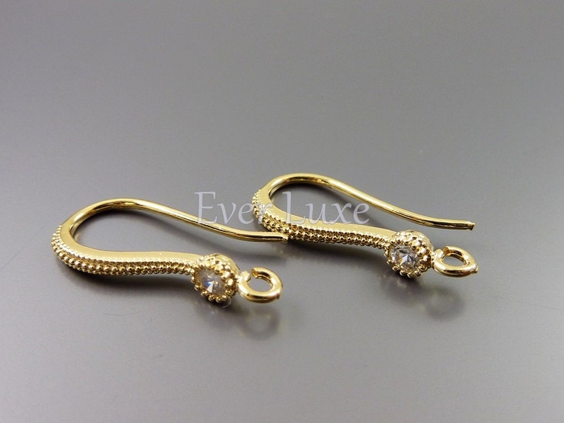 4 pcs / 2 pairs textured hook ear wires with CZ cubic zirconia accent, gold earrings components 1818-BG image 2