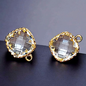 2 pcs beautiful 10mm Clear high quality square glass pendants charms in 14K gold setting, DIY jewelry components, findings P5166G-CL